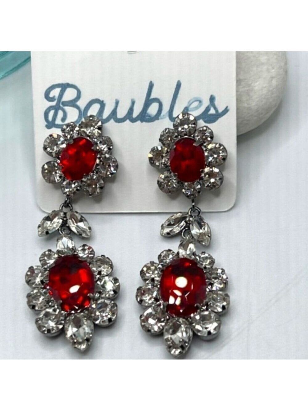 Baubles Chandelier Earrings Red/Clear Austrian Crystals Silver
